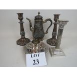 Silver plate and decorative metalware, including a pair of Victorian weighted candlesticks,