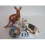 Two Royal Crown Derby animal paperweights, kangaroo (MMIV), and donkey (MMIII),