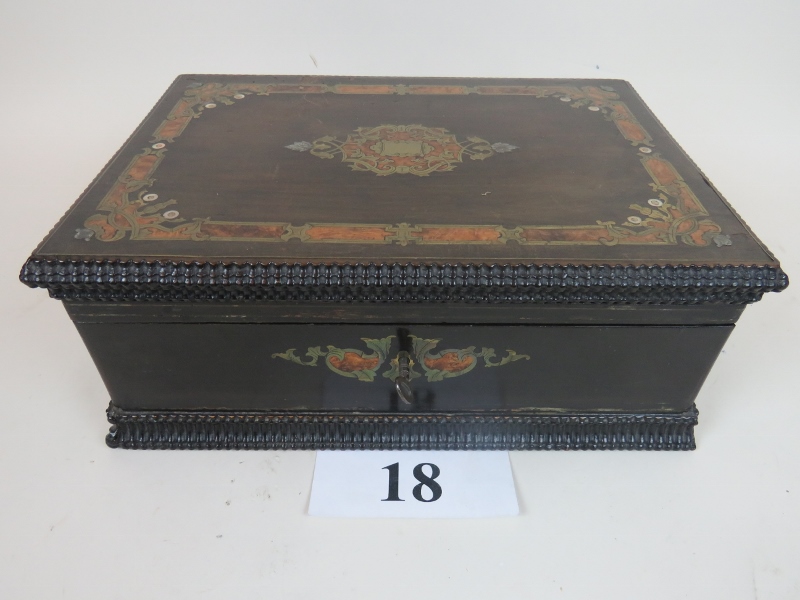 A fine quality coromandel jewellery box, decorated with burr yew-wood, brass,