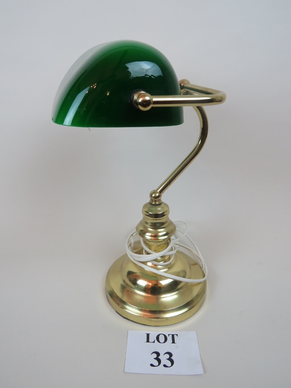 Traditional style brass bankers lamp with green glass shade,