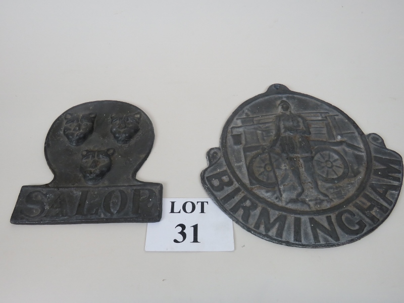 Two lead Fire Insurance plaques, one for Birmingham, 26 cm tall and th other Shropshire based Salop,