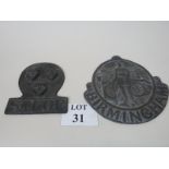 Two lead Fire Insurance plaques, one for Birmingham, 26 cm tall and th other Shropshire based Salop,