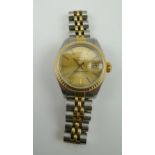 A LADY'S ROLEX OYSTER PERPETUAL DATEJUST BI-METAL WRIST WATCH, stainless steel and 18ct gold,
