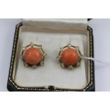 A CASED PAIR OF VICTORIAN DESIGN CORAL AND DIAMOND EARRINGS