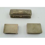 AN EMBOSSED SILVER BOX 10cm wide, London 1953, a SILVER MATCHBOX HOLDER with engine turned