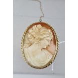 A 9CT GOLD MOUNTED CAMEO BROOCH, depicts a classical beauty in profile, 5cm high
