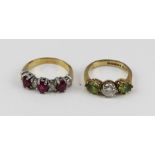 TWO LADY'S DRESS RINGS, diamond and coloured stone set, one 9ct gold banded