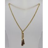 A 9CT GOLD NECKLACE of tassel end design, stamped .375, weight 24g, in a "Mappin and Webb"