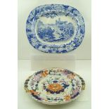 A LARGE OVAL BLUE & WHITE MEAT PLATTER possibly Spode with landscape to centre titled 'Cascade at