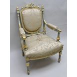 A 19TH CENTURY FRENCH OPEN ARM FAUTEUIL, the carved and turned frame painted pale green with
