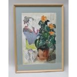 DOROTHY MORTON A Pen, Ink and Watercolour wash composition of a potted plant, a seashell and an