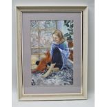 DOROTHY MORTON A Watercolour study of a young girl and her ginger cat, signed, initialled and