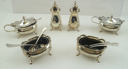 ADIE BROTHERS LTD. TWO SETS OF GEORGIAN DESIGN SILVER TABLE CONDIMENTS, each consisting of a