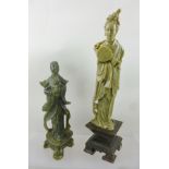 TWO CHINESE CARVED STONE SCULPTURES, both Bijin, in flowing robes, one with flowers, the other a