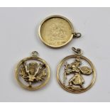 A 9CT GOLD ST CHRISTOPHER, together with a 9CT GOLD SCOTTISH THISTLE FOB and a ROYAL WEDDING COIN