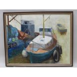 DOROTHY MORTON "Wivenhoe", an Oil on board study of moored fishing boats, signed, 55cm x 70cm in