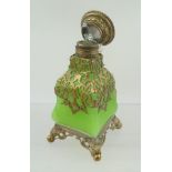 A FRENCH GREEN OPAQUE GLASS SCENT BOTTLE with pierced decorative gilt metal mounts, 14.5cm high