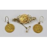 THREE HALF SOVEREIGNS, two mounted as earrings, 1912, 1914, the other 1982 in a 9ct gold brooch