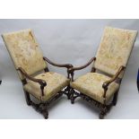 A PAIR OF 19TH CENTURY WALNUT FRAMED LIBRARY OR "MOON GAZING" CHAIRS, having open scroll arms,