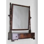 A 19TH CENTURY MAHOGANY BOX BASE TOILET MIRROR having ring turned supports on a demi-lune box base