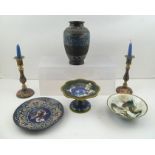 A 20TH CENTURY CHAMPLEVE JAPANESE VASE, a PAIR OF CHAMPLEVE CANDLESTICKS, together with a COLLECTION