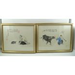 TWO 20TH CENTURY CHINESE CALLIGRAPHIC WATERCOLOUR PAINTINGS, one depicts Lao Tzu with buffalo, red