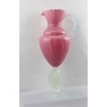 A VICTORIAN PINK GLASS JUG with applied opalescent handle, opalescent portrait cameo moulded stem