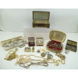 A QUANTITY OF COSTUME JEWELLERY, together with a cast metal JAPANESE BOX with floral decoration,