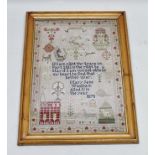A 19TH CENTURY WOOLWORK NEEDLEWORK SAMPLER, the central text surrounded by beasts, tubs of plants