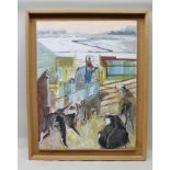 DOROTHY MORTON "Cattle Yards in Winter", a large Oil on board study of a farmyard scene, signed,