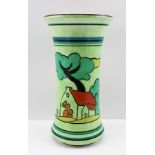 A CLARICE CLIFF "BIZARRE", "CAFE-AU-LAIT", "RED ROOFS", HANDPAINTED CERAMIC VASE of flared rim form,