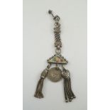 A VICTORIAN LADY'S WHITE METAL WATCH CHAIN with floral enamel panel decoration and silver coin mount