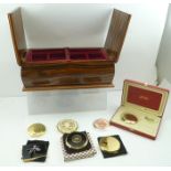 A POLISHED WOOD JEWELLERY BOX, together with a collection of POWDER COMPACTS, including a floral