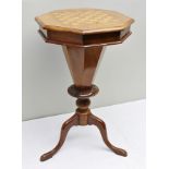 A VICTORIAN WALNUT WORK TABLE, the octagonal top inset with chequerboard, needlework storage to