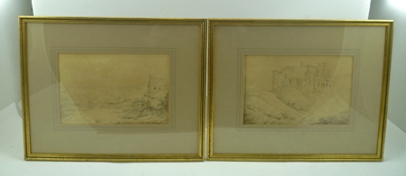 MARIA JOHNSON "The Portland Hills" and "Chorthcho(r)n Castle", en grisaille Watercolour Sketches,
