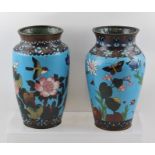 TWO 20TH CENTURY CHINESE CLOISONNE VASES, blue ground with flowers and butterfly decoration, both