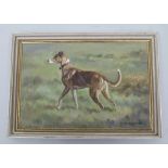 MADELINE SELFE A study of a Lurcher (Greyhound cross) in a landscape, an Oil on board, signed 26.5cm