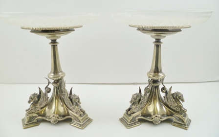 A PAIR OF VICTORIAN SILVER PLATED COMPORTS, fitted cut and etched glass dish tops, on plated - Image 2 of 4