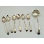 SIX BRIGHT CUT 18TH CENTURY SILVER SPOONS, 1783/1784, and an 18th century silver shell bowled