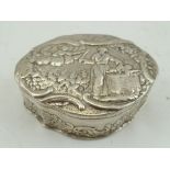 A CONTINENTAL EMBOSSED WHITE METAL BOX, bears import marks 1900, 7cm