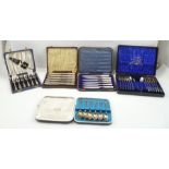 FIVE CASED SETS OF SILVER PLATED CUTLERY, to include cake forks etc.