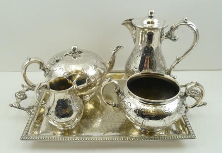 EDWARD & JOHN BARNARD A MID 19TH CENTURY THREE PIECE SILVER TEA SERVICE, the teapot having a melon - Image 2 of 6