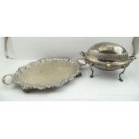 A DECORATIVE SILVER PLATED TWO-HANDLED GALLERIED TRAY, together with a SILVER PLATED BACON DISH with