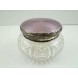 A MAPPIN AND WEBB SILVER AND LAVENDER GUILLOCHE ENAMEL LIDDED CUT GLASS POWDER BOWL, London 1929,