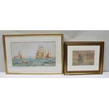 LATE 19TH CENTURY ENGLISH SCHOOL "Sailing Barges off the Coast" Watercolour painting, monogrammed