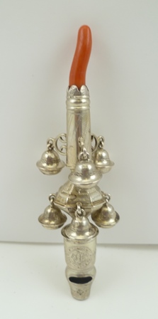 PETER AND ANN BATEMAN A GEORGE III SILVER AND CORAL CHILD'S TEETHER with whistle and seven bells,