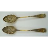 WILLIAM BATEMAN I A PAIR OF VICTORIAN SILVER GILT BERRY SPOONS, floral embossed and chased, London