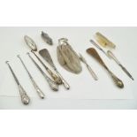 TWO SILVER HANDLED SHOE HORNS, FOUR GLOVE HOOKS, together with various MANICURE ITEMS and a mesh