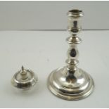 A LATE 20TH CENTURY SILVER CANDLESTICK of Georgian form, together with a STERLING SILVER MOUNTED