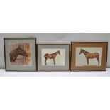 M. DOROTHY WOOD "Hunters" three equine studies, Watercolour paintings, two full standing